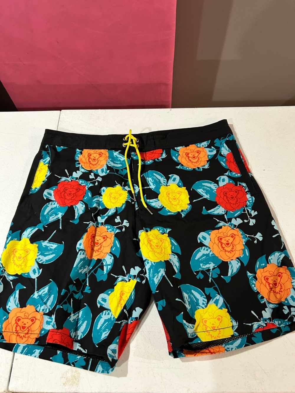 Men's Black Floral Swim Board Shorts with Yellow Drawstring Grateful Dead bears
